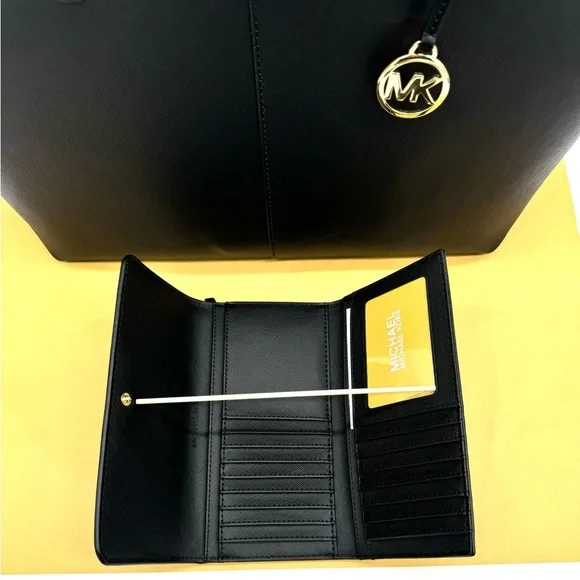 Michael Kors MD Zip Top Tote Bag Large Trifold Wallet Black